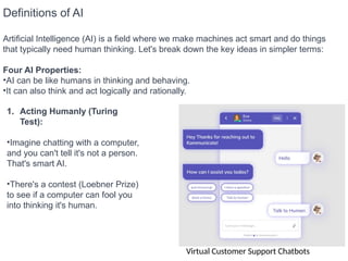 Definitions of AI
Artificial Intelligence (AI) is a field where we make machines act smart and do things
that typically need human thinking. Let's break down the key ideas in simpler terms:
Four AI Properties:
•AI can be like humans in thinking and behaving.
•It can also think and act logically and rationally.
1. Acting Humanly (Turing
Test):
•Imagine chatting with a computer,
and you can't tell it's not a person.
That's smart AI.
•There's a contest (Loebner Prize)
to see if a computer can fool you
into thinking it's human.
Virtual Customer Support Chatbots
 