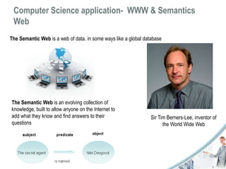 Computer Science application- WWW & Semantics 
Web 
The Semantic Web is a web of data. in some ways like a global database 
The Semantic Web is an evolving collection of 
knowledge, built to allow anyone on the Internet to 
add what they know and find answers to their 
questions 
Sir Tim Berners-Lee, inventor of 
the World Wide Web 
 
