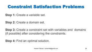 Hichem Felouat - hichemfel@gmail.com 28
Step 1: Create a variable set.
Step 2: Create a domain set.
Step 3: Create a constraint set with variables and domains
(if possible) after considering the constraints.
Step 4: Find an optimal solution.
Constraint Satisfaction Problems
 
