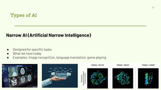 Types of AI
10
Narrow AI (Artiﬁcial Narrow Intelligence)
● Designed for speciﬁc tasks
● What we have today
● Examples: Image recognition, language translation, game playing
 