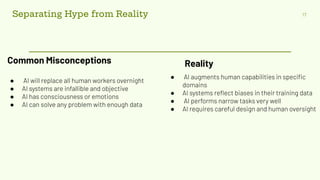 Separating Hype from Reality 17
Common Misconceptions
● AI will replace all human workers overnight
● AI systems are infallible and objective
● AI has consciousness or emotions
● AI can solve any problem with enough data
Reality
● AI augments human capabilities in speciﬁc
domains
● AI systems reﬂect biases in their training data
● AI performs narrow tasks very well
● AI requires careful design and human oversight
 