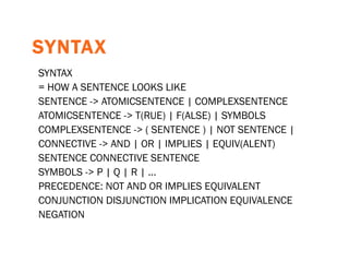 SYNTAX SYNTAX = HOW A SENTENCE LOOKS LIKE SENTENCE -> ATOMICSENTENCE | COMPLEXSENTENCE ATOMICSENTENCE -> T(RUE) | F(ALSE) | SYMBOLS COMPLEXSENTENCE -> ( SENTENCE ) | NOT SENTENCE | CONNECTIVE -> AND | OR | IMPLIES | EQUIV(ALENT) SENTENCE CONNECTIVE SENTENCE SYMBOLS -> P | Q | R | ... PRECEDENCE: NOT AND OR IMPLIES EQUIVALENT CONJUNCTION DISJUNCTION IMPLICATION EQUIVALENCE NEGATION 