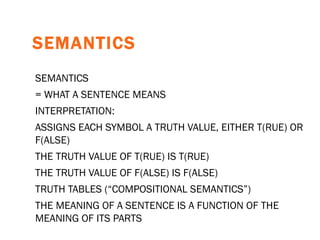 SEMANTICS SEMANTICS = WHAT A SENTENCE MEANS INTERPRETATION: ASSIGNS EACH SYMBOL A TRUTH VALUE, EITHER T(RUE) OR F(ALSE) THE TRUTH VALUE OF T(RUE) IS T(RUE) THE TRUTH VALUE OF F(ALSE) IS F(ALSE) TRUTH TABLES (“COMPOSITIONAL SEMANTICS”) THE MEANING OF A SENTENCE IS A FUNCTION OF THE MEANING OF ITS PARTS 