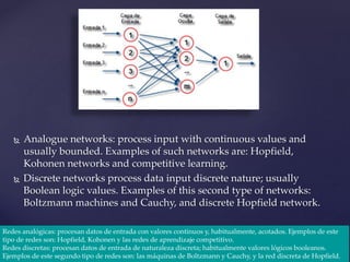  Analogue networks: process input with continuous values and
usually bounded. Examples of such networks are: Hopfield,
Kohonen networks and competitive learning.
 Discrete networks process data input discrete nature; usually
Boolean logic values. Examples of this second type of networks:
Boltzmann machines and Cauchy, and discrete Hopfield network.
Redes analógicas: procesan datos de entrada con valores continuos y, habitualmente, acotados. Ejemplos de este
tipo de redes son: Hopfield, Kohonen y las redes de aprendizaje competitivo.
Redes discretas: procesan datos de entrada de naturaleza discreta; habitualmente valores lógicos booleanos.
Ejemplos de este segundo tipo de redes son: las máquinas de Boltzmann y Cauchy, y la red discreta de Hopfield.
 