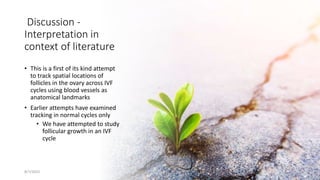 Discussion -
Interpretation in
context of literature
• This is a first of its kind attempt
to track spatial locations of
follicles in the ovary across IVF
cycles using blood vessels as
anatomical landmarks
• Earlier attempts have examined
tracking in normal cycles only
• We have attempted to study
follicular growth in an IVF
cycle
8/7/2023
 