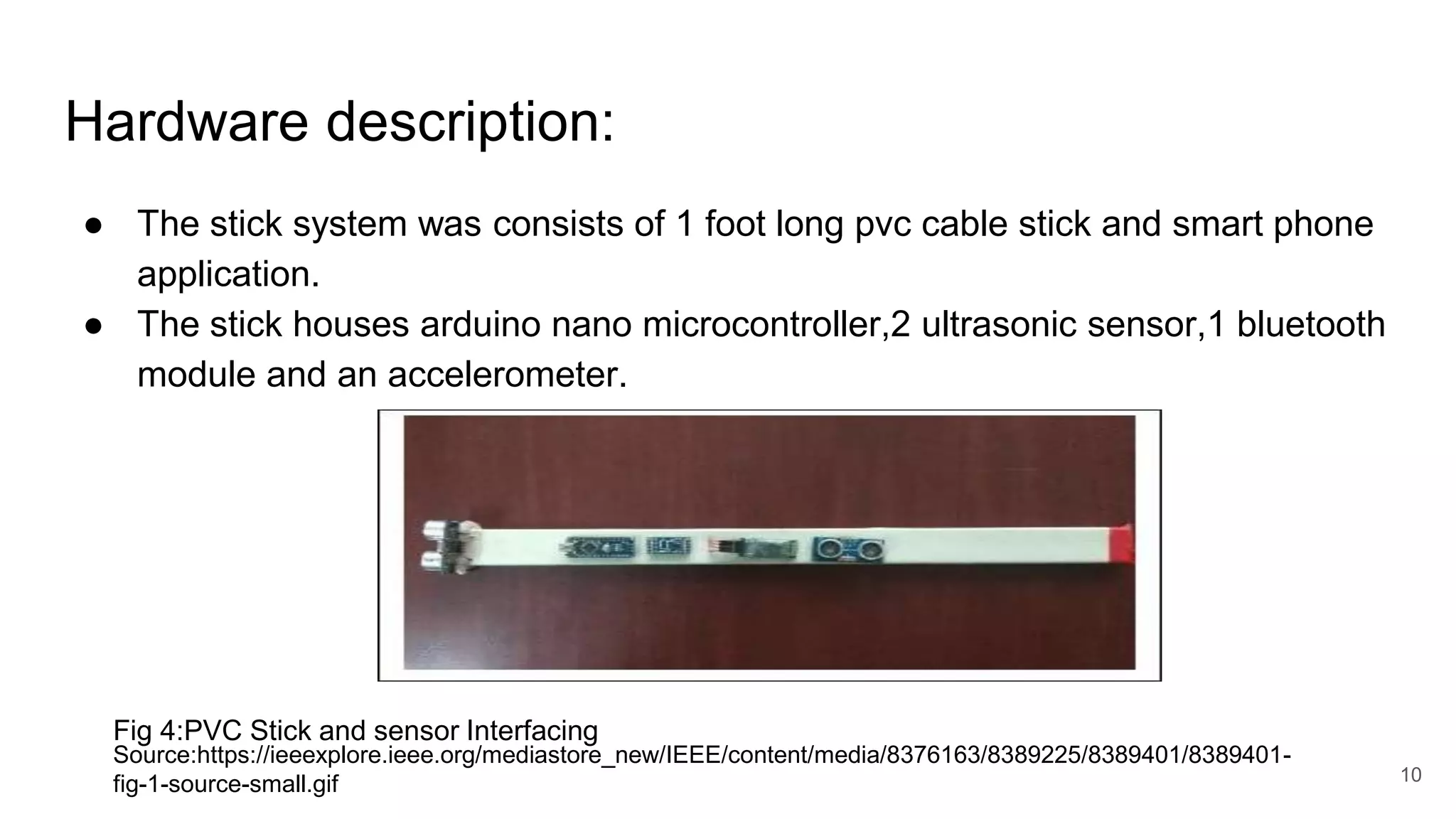 Hardware description:
● The stick system was consists of 1 foot long pvc cable stick and smart phone
application.
● The stick houses arduino nano microcontroller,2 ultrasonic sensor,1 bluetooth
module and an accelerometer.
10
Source:https://ieeexplore.ieee.org/mediastore_new/IEEE/content/media/8376163/8389225/8389401/8389401-
fig-1-source-small.gif
Fig 4:PVC Stick and sensor Interfacing
 