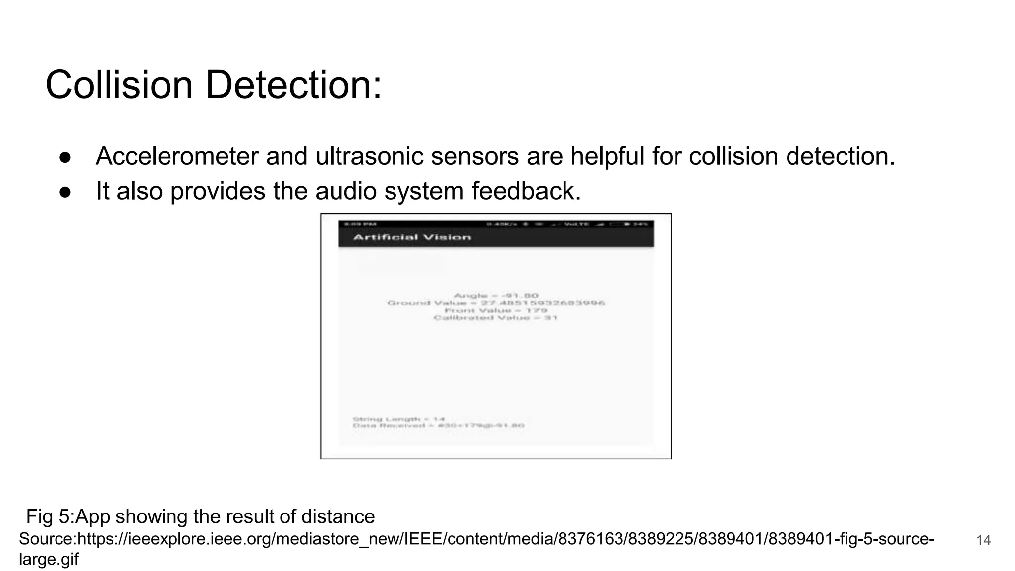 Collision Detection:
● Accelerometer and ultrasonic sensors are helpful for collision detection.
● It also provides the audio system feedback.
14Source:https://ieeexplore.ieee.org/mediastore_new/IEEE/content/media/8376163/8389225/8389401/8389401-fig-5-source-
large.gif
Fig 5:App showing the result of distance
 