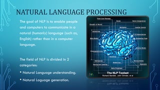 NATURAL LANGUAGE PROCESSING
The goal of NLP is to enable people
and computers to communicate in a
natural (humanly) language (such as,
English) rather than in a computer
language.
The field of NLP is divided in 2
categories:
• Natural Language understanding.
• Natural Laguage generation.
 