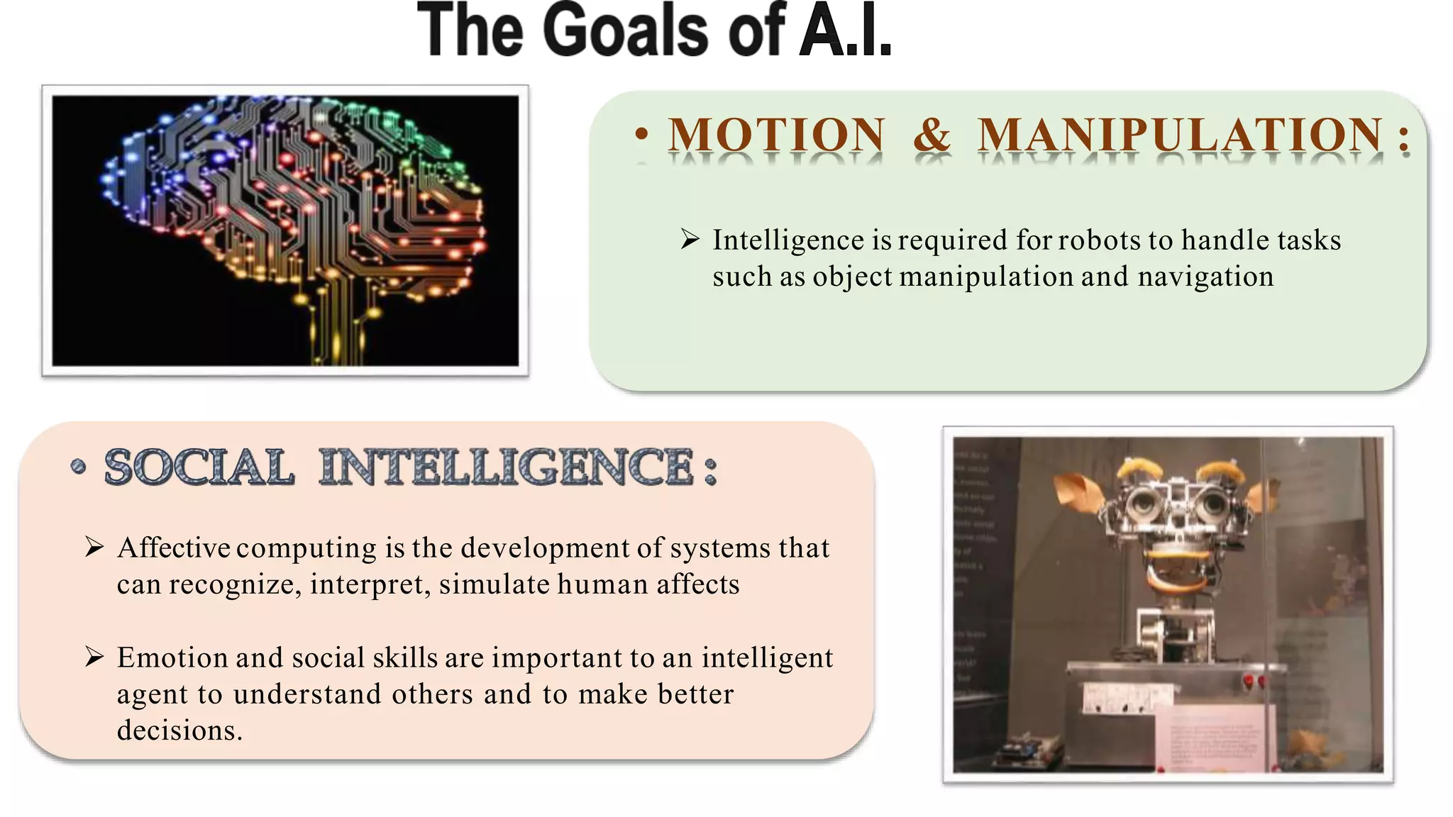 • MOTION & MANIPULATION :
 Intelligence is required for robots to handle tasks
such as object manipulation and navigation
 Affective computing is the development of systems that
can recognize, interpret, simulate human affects
 Emotion and social skills are important to an intelligent
agent to understand others and to make better
decisions.
 