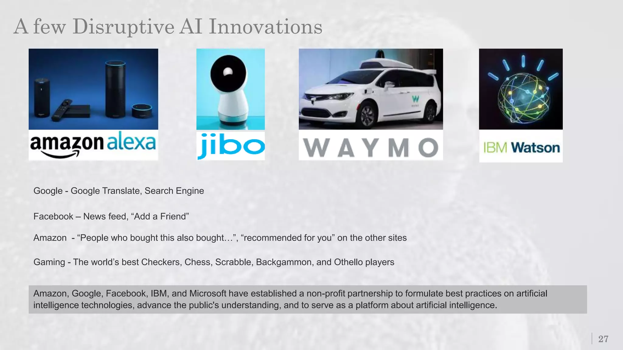 A few Disruptive AI Innovations
27
Amazon - “People who bought this also bought…”, “recommended for you” on the other sites
Facebook – News feed, “Add a Friend”
Google - Google Translate, Search Engine
Gaming - The world’s best Checkers, Chess, Scrabble, Backgammon, and Othello players
Amazon, Google, Facebook, IBM, and Microsoft have established a non-profit partnership to formulate best practices on artificial
intelligence technologies, advance the public's understanding, and to serve as a platform about artificial intelligence.
 