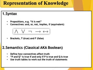 Propositional Logic
Representation of Knowledge
1.Syntax
• Propositions, e.g. “it is wet”
• Connectives: and, or, not, implies, if (equivalent)
• Brackets, T (true) and F (false)
2.Semantics (Classical AKA Boolean)
• Define how connectives affect truth
• “P and Q” is true if and only if P is true and Q is true
• Use truth tables to work out the truth of statements
 