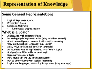 Representation of Knowledge
Some General Representations
1. Logical Representations
2. Production Rules
3. Semantic Networks
• Conceptual graphs, frame
What is a Logic?
• A language with concrete rules
• No ambiguity in representation (may be other errors!)
• Allows unambiguous communication and processing
• Very unlike natural languages e.g. English
• Many ways to translate between languages
• A statement can be represented in different logics
• And perhaps differently in same logic
• Expressiveness of a logic
• How much can we say in this language?
• Not to be confused with logical reasoning
• Logics are languages, reasoning is a process (may use logic)
 