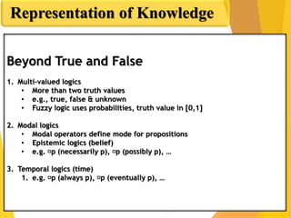 Beyond True and False
Representation of Knowledge
Beyond True and False
1. Multi-valued logics
• More than two truth values
• e.g., true, false & unknown
• Fuzzy logic uses probabilities, truth value in [0,1]
2. Modal logics
• Modal operators define mode for propositions
• Epistemic logics (belief)
• e.g. p (necessarily p), p (possibly p), …
3. Temporal logics (time)
1. e.g. p (always p), p (eventually p), …
 