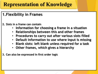 Representation of Knowledge
1.Flexibility in Frames
2. Slots in a frame can contain
• Information for choosing a frame in a situation
• Relationships between this and other frames
• Procedures to carry out after various slots filled
• Default information to use where input is missing
• Blank slots: left blank unless required for a task
• Other frames, which gives a hierarchy
3. Can also be expressed in first order logic
 