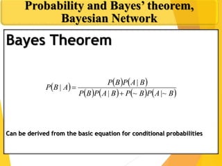 Bayes Theorem
Can be derived from the basic equation for conditional probabilities
Probability and Bayes’ theorem,
Bayesian Network
     
       BAPBPBAPBP
BAPBP
ABP
|~~|
|
|


 