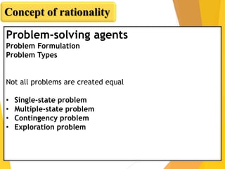Problem-solving agents
Problem Formulation
Problem Types
Not all problems are created equal
• Single-state problem
• Multiple-state problem
• Contingency problem
• Exploration problem
Concept of rationality
 