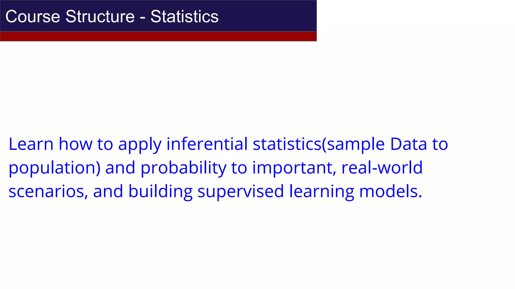 Course Structure - Statistics
Learn how to apply inferential statistics(sample Data to
population) and probability to important, real-world
scenarios, and building supervised learning models.
 