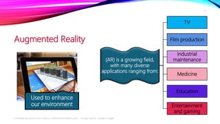 Augmented Reality
Used to enhance
our environment
14
(AR) is a growing field,
with many diverse
applications ranging from:...
