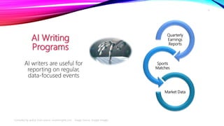 AI Writing
Programs
Quarterly
Earnings
Reports
Sports
Matches
Market Data
AI writers are useful for
reporting on regular,
...