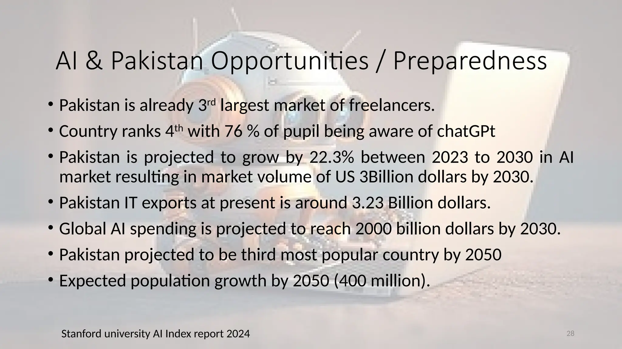 28
• Pakistan is already 3rd
largest market of freelancers.
• Country ranks 4th
with 76 % of pupil being aware of chatGPt
• Pakistan is projected to grow by 22.3% between 2023 to 2030 in AI
market resulting in market volume of US 3Billion dollars by 2030.
• Pakistan IT exports at present is around 3.23 Billion dollars.
• Global AI spending is projected to reach 2000 billion dollars by 2030.
• Pakistan projected to be third most popular country by 2050
• Expected population growth by 2050 (400 million).
Stanford university AI Index report 2024
AI & Pakistan Opportunities / Preparedness
 