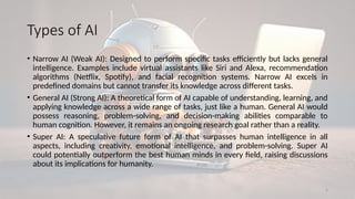5
Types of AI
• Narrow AI (Weak AI): Designed to perform specific tasks efficiently but lacks general
intelligence. Examples include virtual assistants like Siri and Alexa, recommendation
algorithms (Netflix, Spotify), and facial recognition systems. Narrow AI excels in
predefined domains but cannot transfer its knowledge across different tasks.
• General AI (Strong AI): A theoretical form of AI capable of understanding, learning, and
applying knowledge across a wide range of tasks, just like a human. General AI would
possess reasoning, problem-solving, and decision-making abilities comparable to
human cognition. However, it remains an ongoing research goal rather than a reality.
• Super AI: A speculative future form of AI that surpasses human intelligence in all
aspects, including creativity, emotional intelligence, and problem-solving. Super AI
could potentially outperform the best human minds in every field, raising discussions
about its implications for humanity.
 