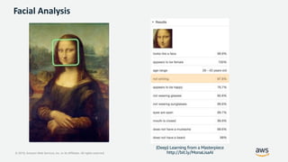 © 2019, Amazon Web Services, Inc. or its Affiliates. All rights reserved.
Smiling?
Facial Analysis
(Deep) Learning from a Masterpiece
http://bit.ly/MonaLisaAI
 