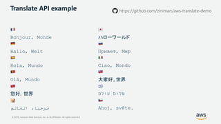 © 2019, Amazon Web Services, Inc. or its Affiliates. All rights reserved.
Translate API example
!
Bonjour, Monde
"
Hallo, Welt
#
Hola, Mundo
$
Olá, Mundo
%
&
‫ﻣ‬‫ﺮ‬‫ﺣ‬‫ﺒ‬‫ﺎ‬،‫ا‬‫ﻟ‬‫ﻌ‬‫ﺎ‬‫ﻟ‬‫ﻢ‬
'
(
Привет, Мир
)
Ciao, Mondo
*
,
+
‫ש‬‫ל‬‫ו‬‫ם‬‫ע‬‫ו‬‫ל‬‫ם‬
,
Ahoj, světe.
https://github.com/ziniman/aws-translate-demo
 