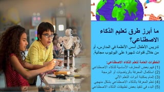 ‫الذكاء‬ ‫تعليم‬ ‫طرق‬ ‫أبرز‬ ‫ما‬
‫االصطناعي؟‬
،‫المدارس‬ ‫في‬ ‫األنظمة‬ ‫أسس‬ ‫األطفال‬ ‫تدريس‬
‫أو‬
‫مجا‬ ‫اليوتيوب‬ ‫على‬ ‫شهيرة‬ ‫قنوات‬ ‫خالل‬ ‫من‬
‫نية‬
.
‫االصطناعي‬ ‫الذكاء‬ ‫لتعلم‬ ‫العامة‬ ‫الخطوات‬
:
(
1
)
‫االصطناعي‬ ‫للذكاء‬ ‫األساسية‬ ‫المعارف‬ ‫بعض‬ ‫فهم‬
(
2
)
‫البرمجة‬ ‫أو‬ ‫بالرياضيات‬ ‫المعرفة‬ ‫استكمال‬
(
3
)
‫اآللي‬ ‫التعلم‬ ‫أدوات‬ ‫بمكتبة‬ ‫إلمام‬
(
4
)
‫منهجي‬ ‫بشكل‬ ‫االصطناعي‬ ‫بالذكاء‬ ‫المعرفة‬ ‫تعلم‬
(
5
)
‫االصطن‬ ‫الذكاء‬ ‫تطبيقات‬ ‫بعض‬ ‫تنفيذ‬ ‫في‬ ‫البدء‬
‫اعي‬
 