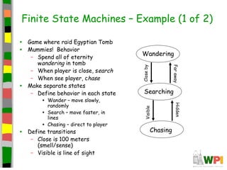 Finite State Machines – Example (1 of 2)
• Game where raid Egyptian Tomb
• Mummies! Behavior
– Spend all of eternity
wandering in tomb
– When player is close, search
– When see player, chase
• Make separate states
– Define behavior in each state
• Wander – move slowly,
randomly
• Search – move faster, in
lines
• Chasing – direct to player
• Define transitions
– Close is 100 meters
(smell/sense)
– Visible is line of sight
Wandering
Searching
Chasing
ClosebyVisible
FarawayHidden
 