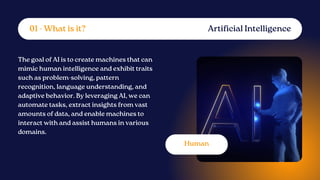 01 - What is it? Artificial Intelligence
The goal of AI is to create machines that can
mimic human intelligence and exhibit traits
such as problem-solving, pattern
recognition, language understanding, and
adaptive behavior. By leveraging AI, we can
automate tasks, extract insights from vast
amounts of data, and enable machines to
interact with and assist humans in various
domains.
Human
 