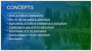 3
CONCEPTS
• What is Artificial Intelligence?
• How AI can be useful in agriculture
• Applications of Artificial Intelligence in Agriculture
• Challenges in use of AI for Agriculture
• Advantages of AI for Agriculture
• Disadvantages of AI for Agriculture
• Conclusion
 