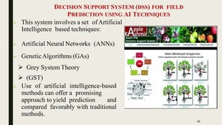 DECISION SUPPORT SYSTEM (DSS) FOR FIELD
PREDICTION USING AI TECHNIQUES
 This system involves a set ofArtificial
Intelligence based techniques:
 Artificial Neural Networks (ANNs)
 GeneticAlgorithms (GAs)
 Grey System Theory
 (GST)
 Use of artificial intelligence-based
methods can offer a promising
approach to yield prediction and
compared favorably with traditional
methods.
13
 