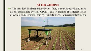 AI FOR WEEDING
• The Hortibot is about 3-foot-by-3- foot, is self-propelled, and uses
global positioning system (GPS). It can recognize 25 different kinds
of weeds and eliminate them by using its weed- removing attachments
15
 