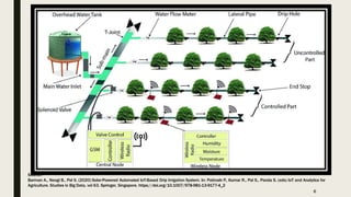 Source:-
Barman A., Neogi B., Pal S. (2020) Solar-Powered Automated IoT-Based Drip Irrigation System. In: Pattnaik P., Kumar R., Pal S., Panda S. (eds) IoT and Analytics for
Agriculture. Studies in Big Data, vol 63. Springer, Singapore. https://doi.org/10.1007/978-981-13-9177-4_2
6
 