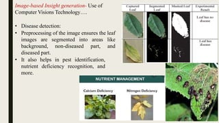 Image-based Insight generation- Use of
Computer Visions Technology….
• Disease detection:
• Preprocessing of the image ensures the leaf
images are segmented into areas like
background, non-diseased part, and
diseased part.
• It also helps in pest identification,
nutrient deficiency recognition, and
more.
9
 