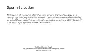 Sperm Selection
McCallum et al. trained an algorithm using acridine orange-stained sperm to
identify high DNA fragmentation to predict the acridine orange level based solely
on a brightfield image. This algorithm demonstrated a moderate ability to identify
sperm with differing levels of DNA fragmentation
McCallum C. Riordon J. Wang Y.
et al. Deep learning-based selection of human sperm with high DNA integrity.
Commun Biol. 2019; 2: 250
 