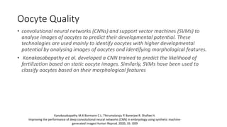 Oocyte Quality
• convolutional neural networks (CNNs) and support vector machines (SVMs) to
analyse images of oocytes to predict their developmental potential. These
technologies are used mainly to identify oocytes with higher developmental
potential by analysing images of oocytes and identifying morphological features.
• Kanakasabapathy et al. developed a CNN trained to predict the likelihood of
fertilization based on static oocyte images. Similarly, SVMs have been used to
classify oocytes based on their morphological features
Kanakasabapathy M.K Bormann C.L. Thirumalaraju P. Banerjee R. Shafiee H.
Improving the performance of deep convolutional neural networks (CNN) in embryology using synthetic machine-
generated images Human Reprod. 2020; 35: I209
 