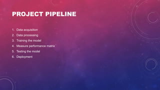 1. Data acquisition
2. Data processing
3. Training the model
4. Measure performance matrix
5. Testing the model
6. Deployment
PROJECT PIPELINE
 