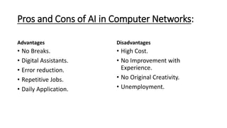 Pros and Cons of AI in Computer Networks:
Advantages
• No Breaks.
• Digital Assistants.
• Error reduction.
• Repetitive Jobs.
• Daily Application.
Disadvantages
• High Cost.
• No Improvement with
Experience.
• No Original Creativity.
• Unemployment.
 