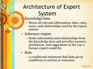 Architecture of Expert
       System
• Knowledge base
  – Stores all relevant information, data, rules,
    cases, and relationships used by the expert
    system
• Inference engine
  – Seeks information and relationships from
    the knowledge base and provides answers,
    predictions, and suggestions in the way a
    human expert would do.
• Rule
  – A conditional statement that links given
    conditions to actions or outcomes
                                             Page 8
 