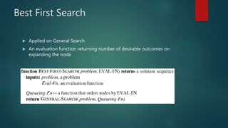 Best First Search
 Applied on General Search
 An evaluation function returning number of desirable outcomes on
expanding the node
 