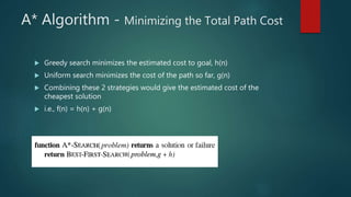 A* Algorithm - Minimizing the Total Path Cost
 Greedy search minimizes the estimated cost to goal, h(n)
 Uniform search minimizes the cost of the path so far, g(n)
 Combining these 2 strategies would give the estimated cost of the
cheapest solution
 i.e., f(n) = h(n) + g(n)
 