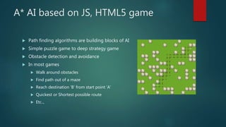 A* AI based on JS, HTML5 game
 Path finding algorithms are building blocks of AI
 Simple puzzle game to deep strategy game
 Obstacle detection and avoidance
 In most games
 Walk around obstacles
 Find path out of a maze
 Reach destination ‘B’ from start point ‘A’
 Quickest or Shortest possible route
 Etc..,
 