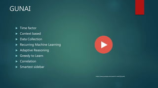 GUNAI
 Time factor
 Context based
 Data Collection
 Recurring Machine Learning
 Adaptive Reasoning
 Greedy to Learn
 Correlation
 Smartest sidebar
https://www.youtube.com/watch?v=4aOYjS1yHhE
 