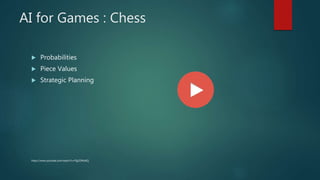 AI for Games : Chess
 Probabilities
 Piece Values
 Strategic Planning
https://www.youtube.com/watch?v=Ffg2l3NtiAQ
 