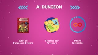 AI DUNGEON
Infinite
Possibilities
Based on
Dungeons & Dragons
Generate New
Adventure
 