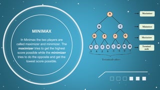 MINIMAX
In Minimax the two players are
called maximizer and minimizer. The
maximizer tries to get the highest
score possible while the minimizer
tries to do the opposite and get the
lowest score possible.
 