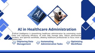 AI in Healthcare Administration
Artificial Intelligence is streamlining healthcare administration by automating routine
tasks and improving efficiency. AI tools help manage data, reduce administrative
burdens, and optimize workflows, allowing healthcare professionals to focus more on
patient care.
Improving Data
Management
Optimizing
Workflows
Automating
Administrative Tasks
 