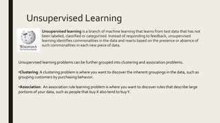 Unsupervised Learning
Unsupervised learning is a branch of machine learning that learns from test data that has not
been l...