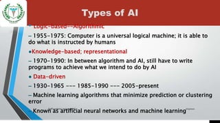Types of AI
• Logic-based--Algorithmic
– 1955-1975: Computer is a universal logical machine; it is able to
do what is instructed by humans
●Knowledge-based; representational
– 1970-1990: In between algorithm and AI, still have to write
programs to achieve what we intend to do by AI
● Data-driven
– 1930-1965 --- 1985-1990 --- 2005-present
– Machine learning algorithms that minimize prediction or clustering
error
– Known as artificial neural networks and machine learning
7/15/2021
Staff academic seminar KIMS
 